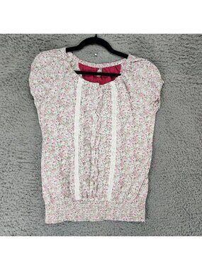 Bare Denim Top Womens Large Pink Floral Cap Sleeve Cottagecore Blouse